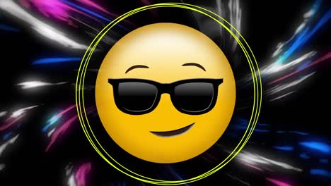 Abstrakte-Formen-über-Dem-Gesicht-Mit-Sonnenbrille-Emoji-Vor-Digitalen-Wellen-Auf-Schwarzem-Hintergrund