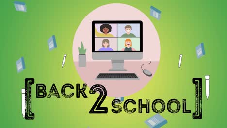 Animation-Von-Back-2-Schultext-über-Schulartikel-Symbolen-Auf-Grünem-Hintergrund