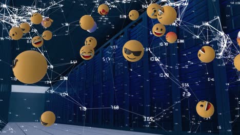 Multiple-face-emojis-floating-over-network-of-connections-against-computer-server-room
