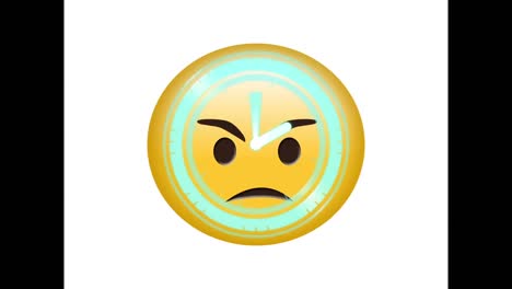 Statischer-TV-Effekt-Und-Neonfarbene-Digitaluhr,-Die-über-Einem-Wütenden-Gesichts-Emoji-Vor-Weißem-Hintergrund-Tickt