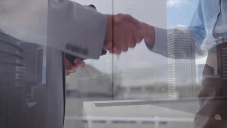 Mid-section-of-businessman-and-businesswoman-shaking-hands-and-exchanging-cards-over-tall-buildings