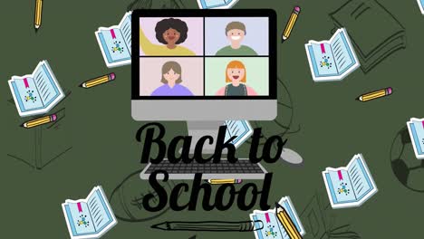 Animation-Von-Back-to-School-Texten-über-Schulartikel-Symbolen-Auf-Grünem-Hintergrund