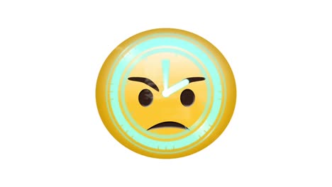 Digitale-Animation-Einer-Neonfarbenen-Digitaluhr,-Die-über-Einem-Wütenden-Gesichts-Emoji-Vor-Weißem-Hintergrund-Tickt