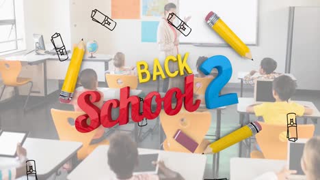 Animation-Von-Back-2-Schultext--Und-Schulartikelsymbolen-über-Lehrer-Und-Klasse