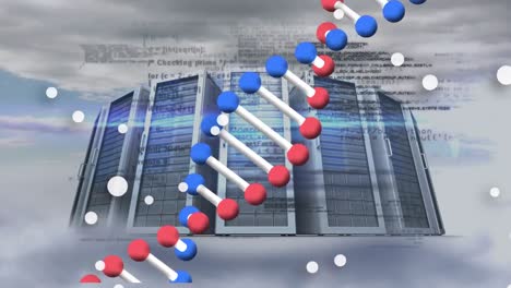 White-spots-and-dna-structure-over-data-processing-and-computer-servers-against-clouds-in-sky