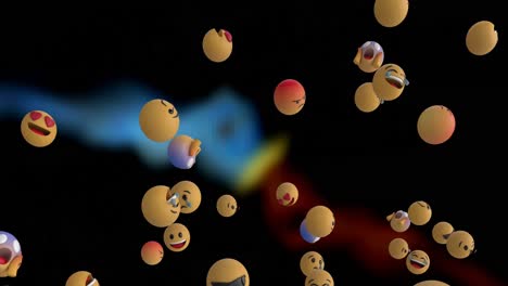 Digital-animation-of-multiple-face-emojis-floating-over-abstract-shapes-on-black-background