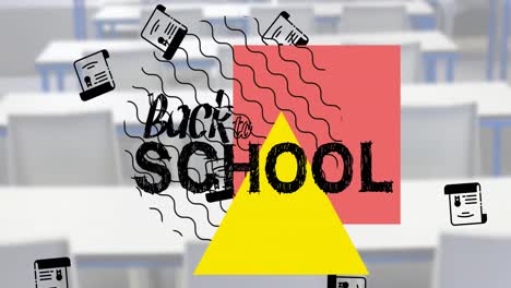 Animation-Von-„Back-To-School“-Texten-Und-Symbolen-Für-Schulgegenstände-über-Einem-Leeren-Klassenzimmer