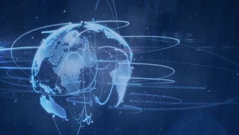 Digital-animation-of-light-trails-over-spinning-globe-on-blue-background