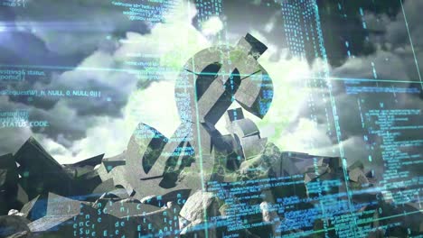 Data-processing-over-broken-dollar-currency-symbol-against-clouds-in-blue-sky