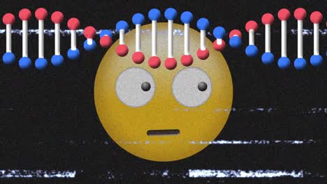 Digitale-Animation-Einer-DNA-Struktur,-Die-Sich-Vor-Einem-Emoji-Mit-Verwirrtem-Gesicht-Auf-Schwarzem-Hintergrund-Dreht