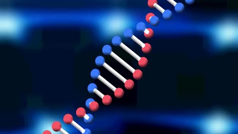 Digitale-Animation-Einer-DNA-Struktur,-Die-Sich-Vor-Blauen-Lichtflecken-Auf-Schwarzem-Hintergrund-Dreht