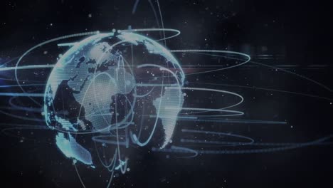 Digital-animation-of-light-trails-over-spinning-globe-on-black-background