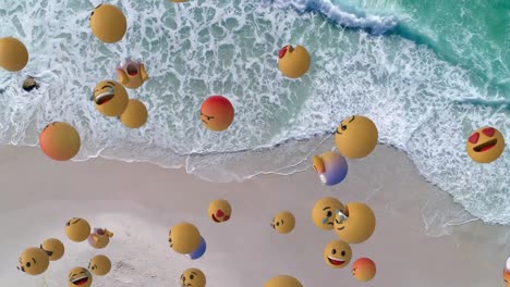 Digital-composition-of-multiple-face-emojis-floating-against-aerial-view-of-the-beach