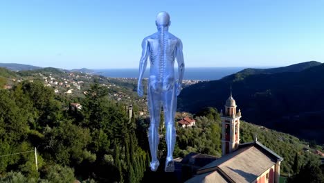 Digital-composition-of-human-model-walking-against-aerial-view-of-cityscape