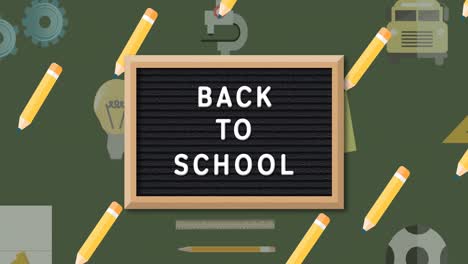 Animation-of-back-to-school-text-over-school-items-icons-on-green-background