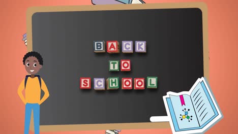 Animation-Des-Textes-„Zurück-Zur-Schule“-Auf-Der-Tafel-über-Symbolen-Für-Schulgegenstände-Auf-Orangefarbenem-Hintergrund