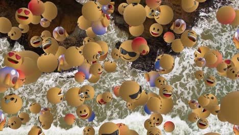 Digitale-Komposition-Mehrerer-Gesichts-Emojis,-Die-Vor-Der-Luftaufnahme-Der-Wellen-Im-Meer-Schweben