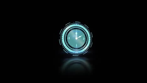 Animation-of-clock-with-turning-hands-and-blue-smoke-explosion,-on-black-background