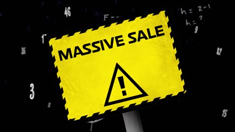 Animation-of-huge-sale-text-on-yellow-warning-sign,-over-data-processing,-on-black-background