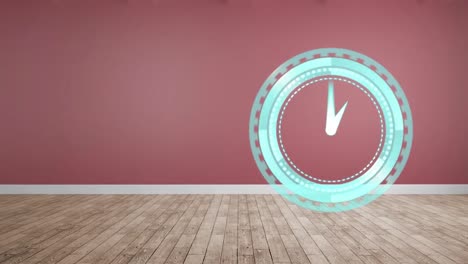 Animation-of-clock-moving-fast-with-copy-space-on-red-and-wooden-background