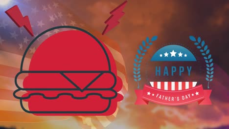 Animation-Eines-Glücklichen-Vatertagstextes-Mit-Elementen-Der-Amerikanischen-Flagge-Und-Rotem-Hamburger
