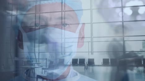 Animation-of-male-surgeon-wearing-face-masks-and-people-walking-in-fast-motion