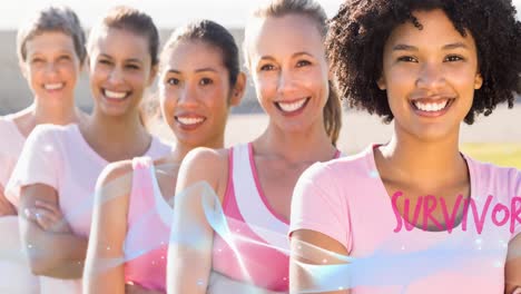 Animation-of-pink-survivors-text-and-blue-wave-over-diverse-group-of-smiling-women
