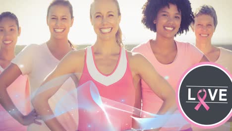 Animation-of-pink-ribbon-logo-with-love-text-and-blue-wave-over-diverse-group-of-smiling-women