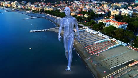 Digitale-Komposition-Eines-Menschlichen-Modells,-Das-Vor-Der-Luftaufnahme-Des-Stadtbildes-Läuft