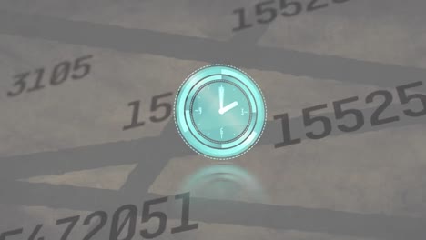 Animation-of-clock,-with-green-smoke-and-data-processing-on-grey-background
