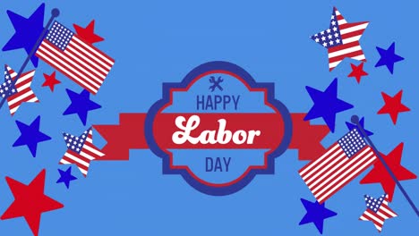 Animation-of-happy-labor-day-text,-with-red-and-blue-stars-and-american-flag,-on-blue