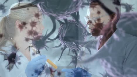 Animation-of-coronavirus-cells-over-woman-in-laboratory