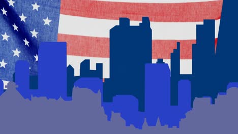 Animation-of-blue-cityscape,moving-over-waving-american-flag