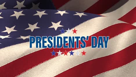 Animation-of-presidents'-day-text-and-red,-white-and-blue-stars,-over-american-flag