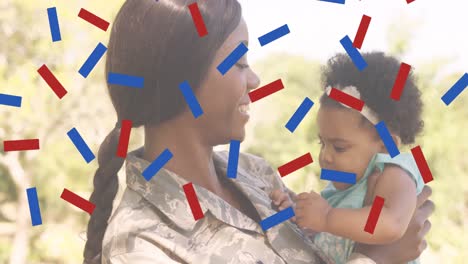 Composition-of-red-and-blue-confetti,-over-smiling-mother-soldier-holding-daughter