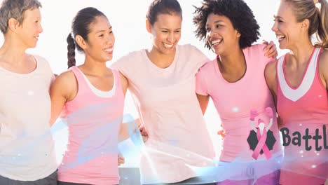 Animation-of-pink-ribbon-logo-with-battle-text-and-blue-wave-over-diverse-group-of-smiling-women