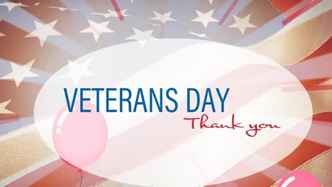 Composition-of-veterans-day-thank-you-text,-with-red-balloons-and-stripes-over-american-flag