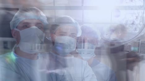 Animation-of-surgeons-wearing-face-masks-and-people-walking-in-fast-motion
