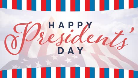 Animation-of-happy-president's-day-text,-with-red-and-blue-stripes-over-american-flag,-on-blue