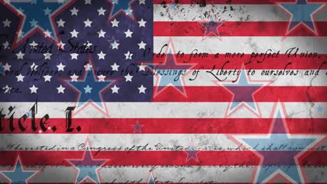 Animación-Del-Texto-De-La-Constitución-Estadounidense,-Con-Estrellas-Rojas,-Blancas-Y-Azules-Sobre-La-Bandera-Estadounidense