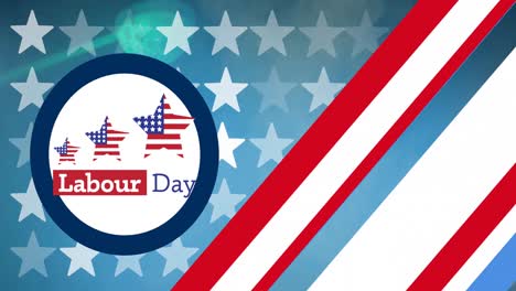 Animation-of-happy-labor-day-text,-with-stars-and-stripe-stars,-over-patterns-from-american-flag