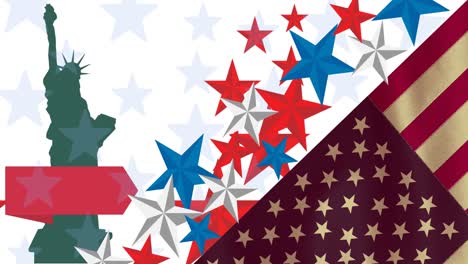 Composición-De-Estrellas-Rojas,-Blancas-Y-Azules,-Sobre-La-Estatua-De-La-Libertad-Y-La-Bandera-Americana