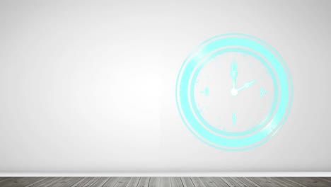 Animation-of-clock-moving-fast-with-copy-space-on-white-and-wooden-background