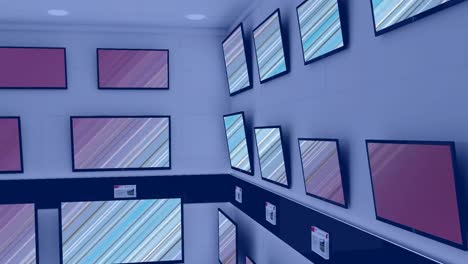 Animation-of-rows-of-television-sets-in-store-with-glowing-screens-with-copy-space