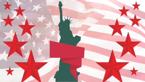 Composición-De-Estrellas-Rojas-Y-Pancarta,-Con-La-Estatua-De-La-Libertad-Sobre-La-Bandera-Americana