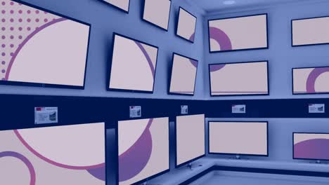 Animation-of-rows-of-television-sets-in-store-with-pattern-on-screens