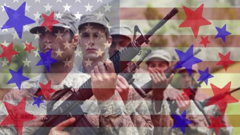 Composition-of-red-and-blue-stars,-over-male-soldiers-holding-guns-and-american-flag