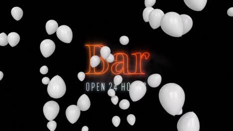 White-balloons-floating-over-neon-orange-bar-oepn-24-hours-text-signboard-against-black-background