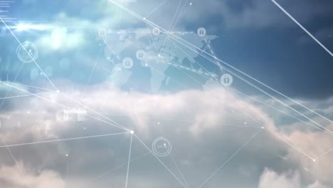 Netzwerk-Von-Verbindungen-über-Ein-Netzwerk-Von-Sicherheits-Vorhängeschloss-Symbolen-Gegen-Weltkartenwolken-Im-Blauen-Himmel