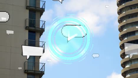 Neon-ticking-digital-clock-and-multiple-blank-speech-bubbles-floating-against-tall-buildings